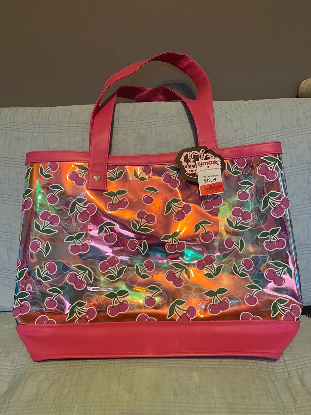 HUGE Juicy Couture Pink Holographic Cherry Print Tote